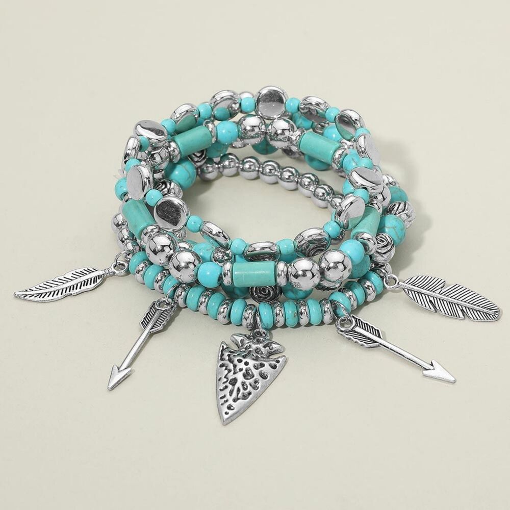 Turquoise Beaded 5 Pcs MultiLayered Feather Arrow Western Charm Bracelet Set